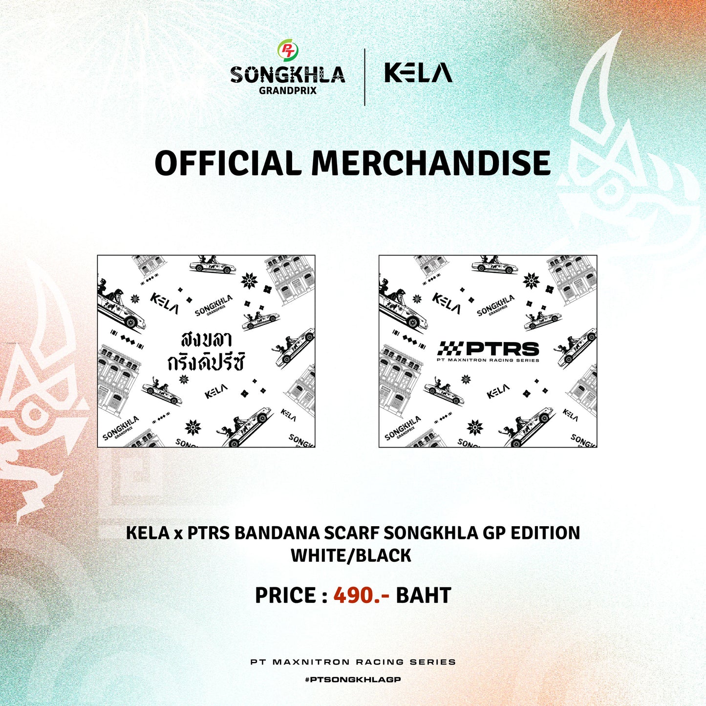 KELA x PTRS BANDANA SCARF SONGKHLA GP EDITION - WHITE/BLACK ผ้าโผกหัวลายสงขลา กรังปรีซ์ อิดิชั่น - สีขาว/ดำ